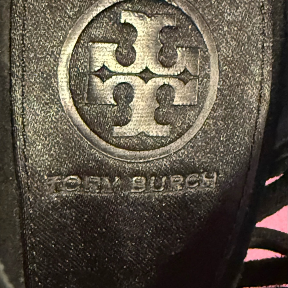 Women Tory Burch Black Suede Leather Peep Toe Stiletto Heel Shoes Sz 9.5 - Picture 4 of 8